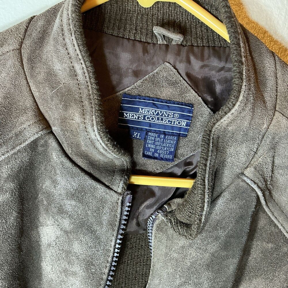 Mervyn’s Men’s Collection Cow Split Leather Zip Jacket Brown Sweater Sleeve VTG